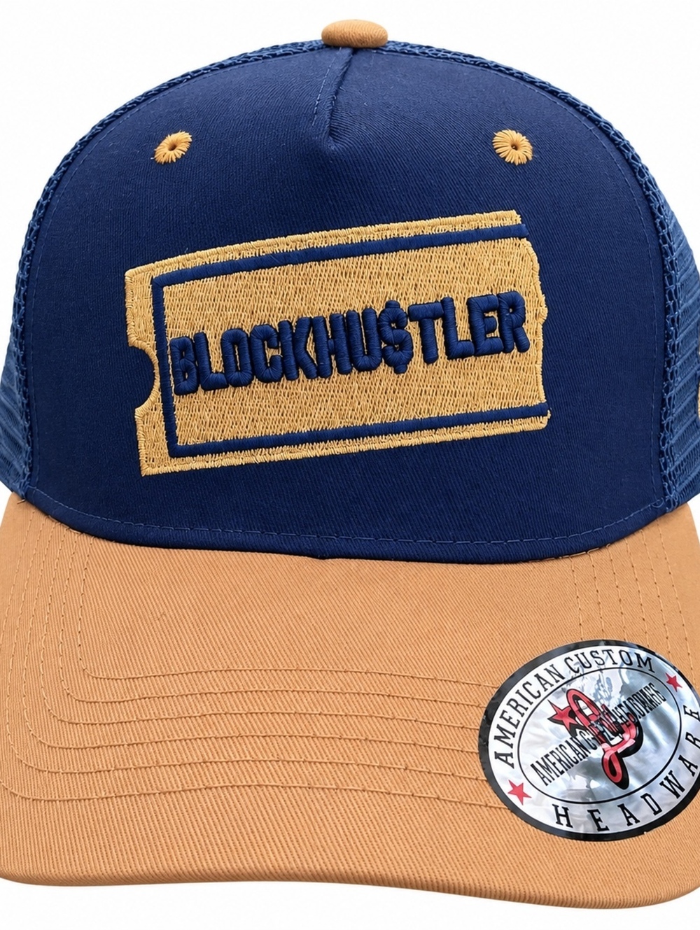 Blockhustler navy blue and tan trucker hat